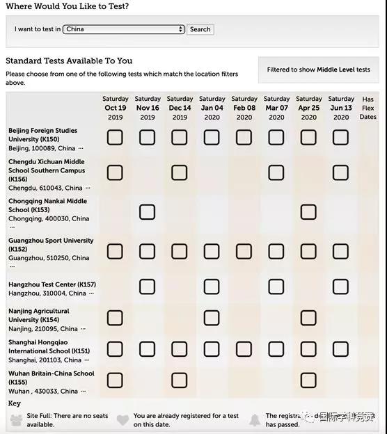 Middle Level中国大陆考点及考试日期