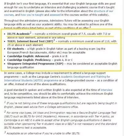 剑桥大学对国际生的英语要求