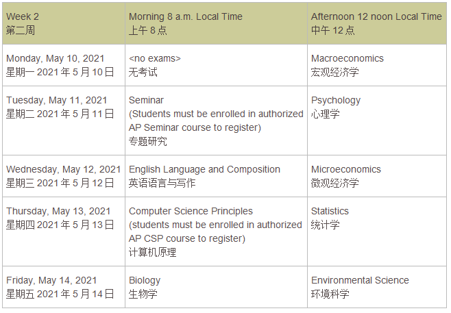 2021 AP常规考试时间